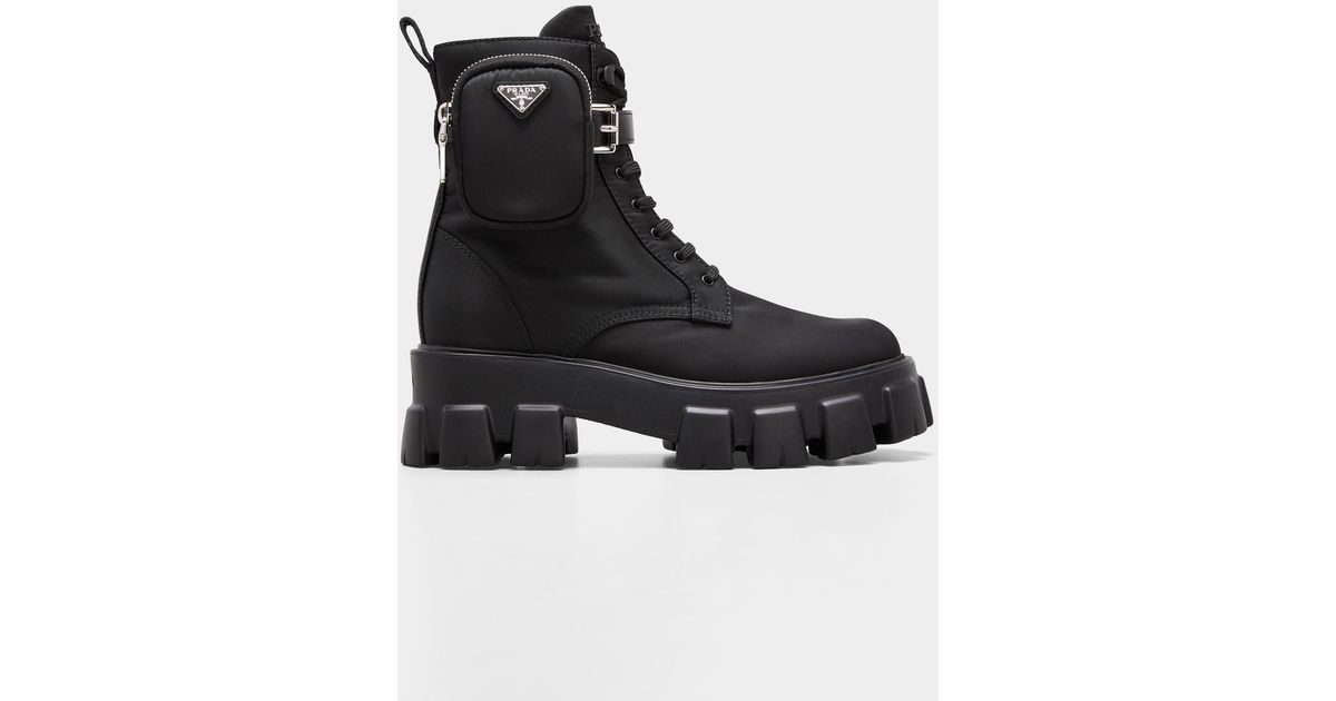 Prada Nylon Zip Pocket Lug-sole Combat Booties in Black | Lyst