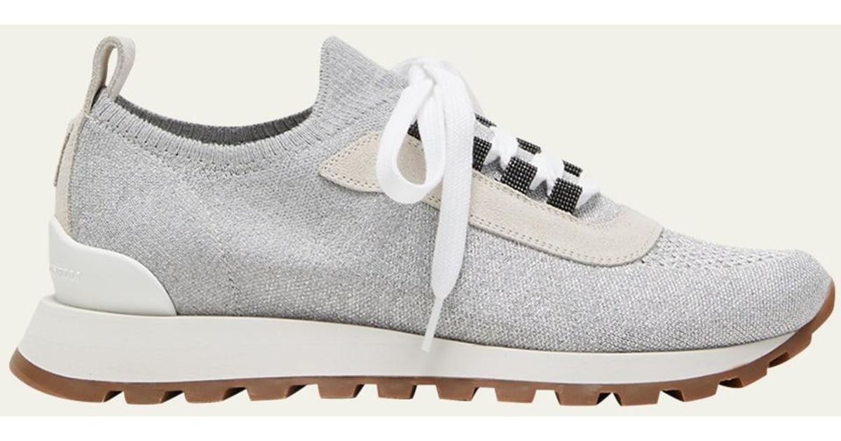 Brunello Cucinelli Knit Suede Trainer Sneakers in White | Lyst