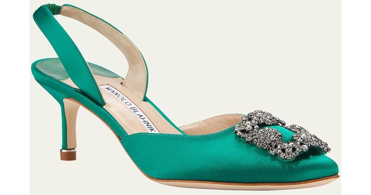 Manolo Blahnik Hangisi Kitten-heel Satin Slingback Pumps in Green | Lyst