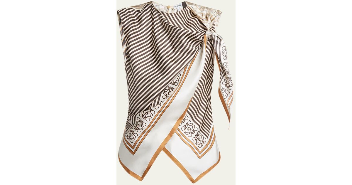 Loewe Layered Scarf Print Shoulder Tie Silk Top in White | Lyst