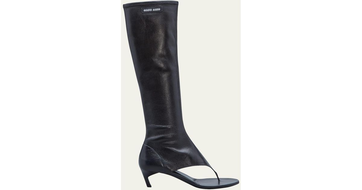 Miu Miu Lambskin Thong Knee Boots in Black | Lyst