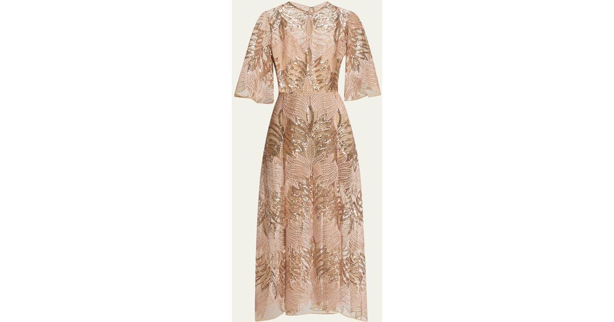 Elie Saab Sequin Embroidered Tulle Midi Dress in Natural | Lyst