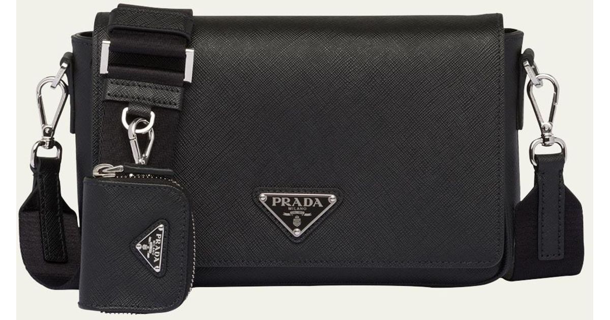 Prada Saffiano Leather Messenger Bag With Pouch in Black for Men Lyst