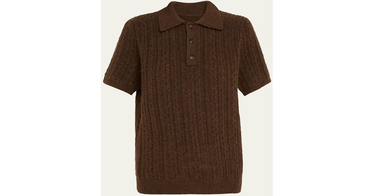 Brown Short-Sleeve Cable-Knit Polo Shirt