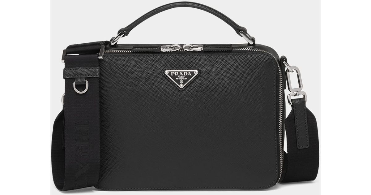 Prada Saffiano Leather Brique Crossbody Bag W/ Nylon Strap in Black for
