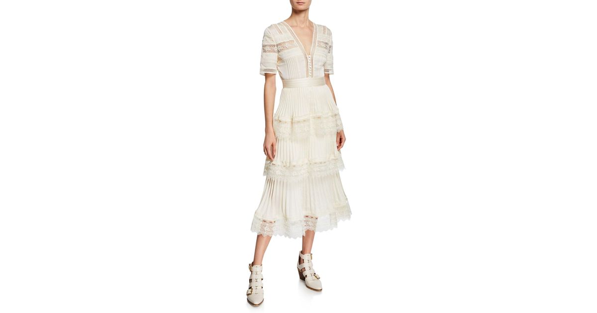 cream tiered midi dress self portrait