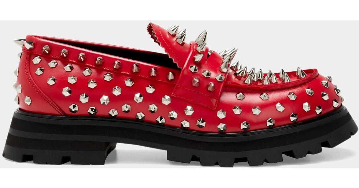 Alexander McQueen Spikeembellished Leather Penny Loafers in Red for Men Lyst
