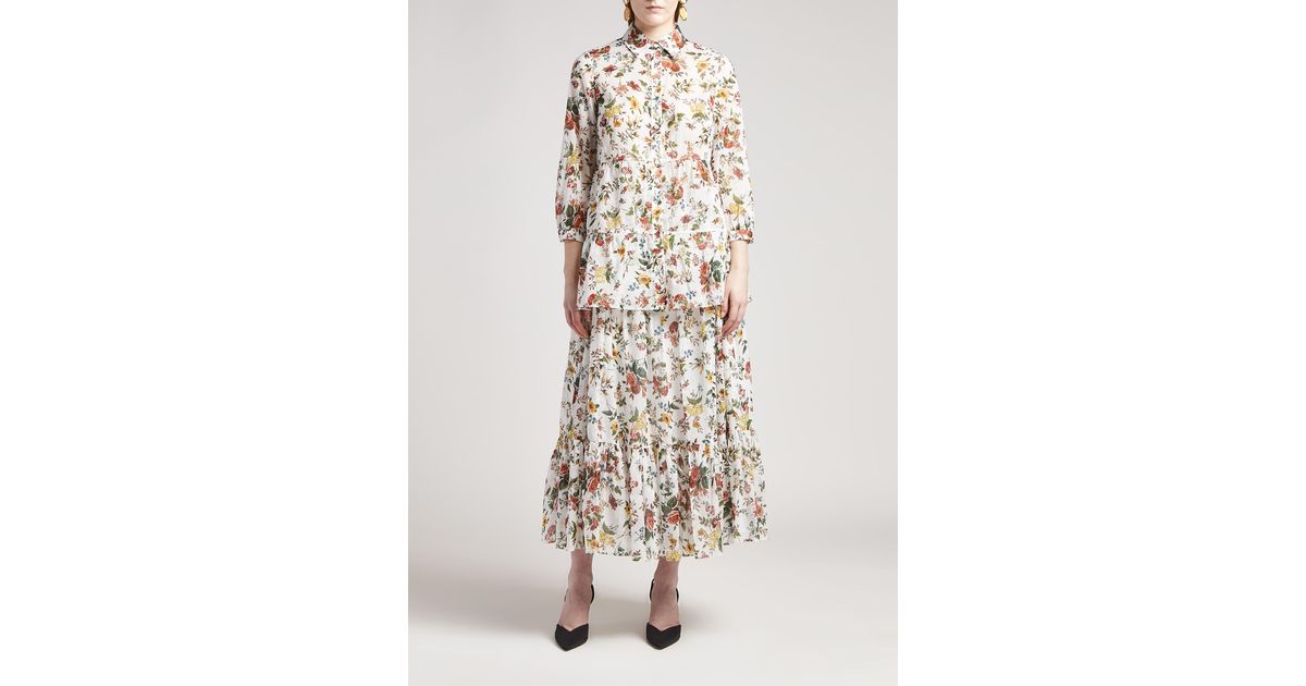Erdem Olympia Floral-print Voile Tiered Maxi Skirt in White | Lyst