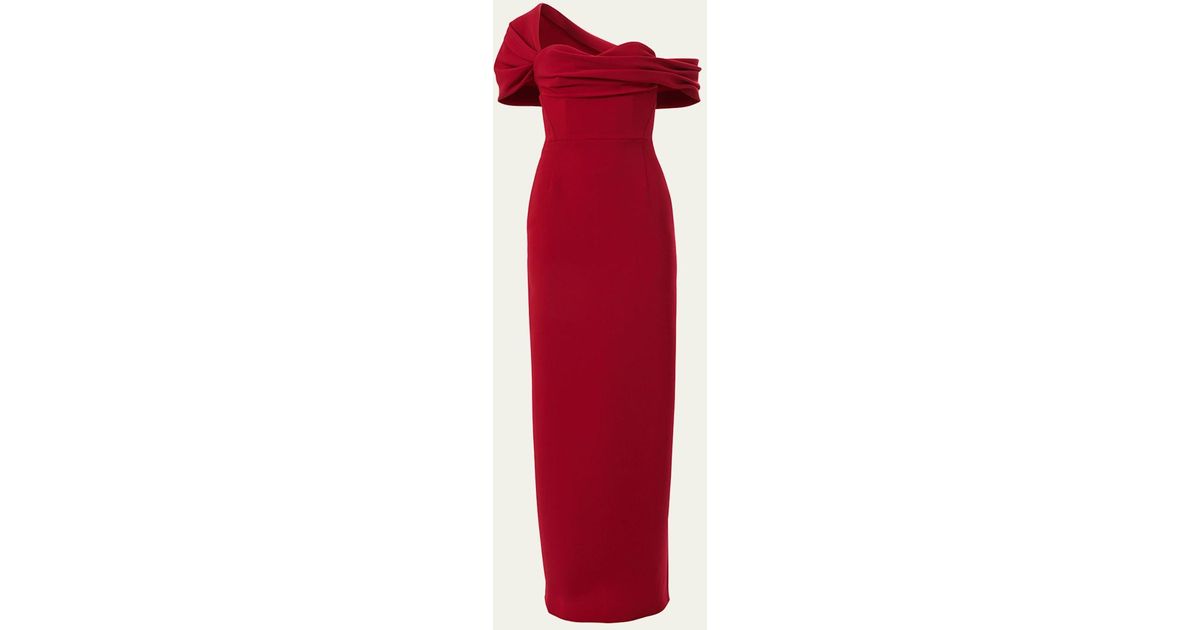 Off-the-Shoulder Column Gown with Pleated Bodice Red