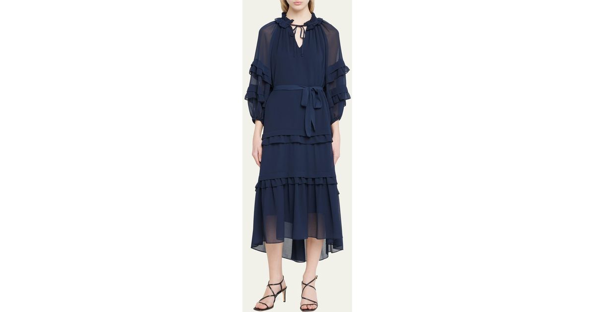 Kobi Halperin Koa Tiered Blouson-sleeve High-low Midi Dress in Blue | Lyst