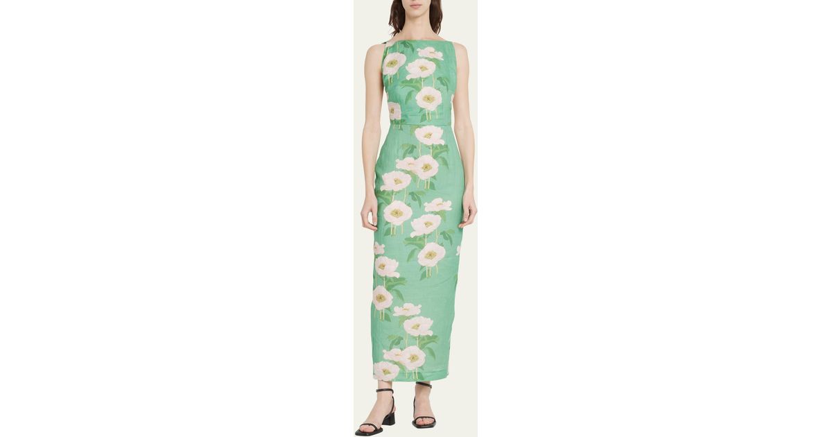 BERNADETTE Flower Prnt Open Back Midi Dress in Green | Lyst