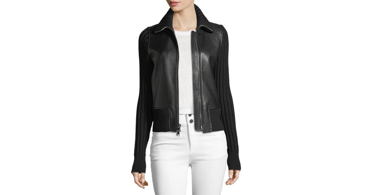 Theory Black Stand Collar Zip Front Leather Moto Jacket