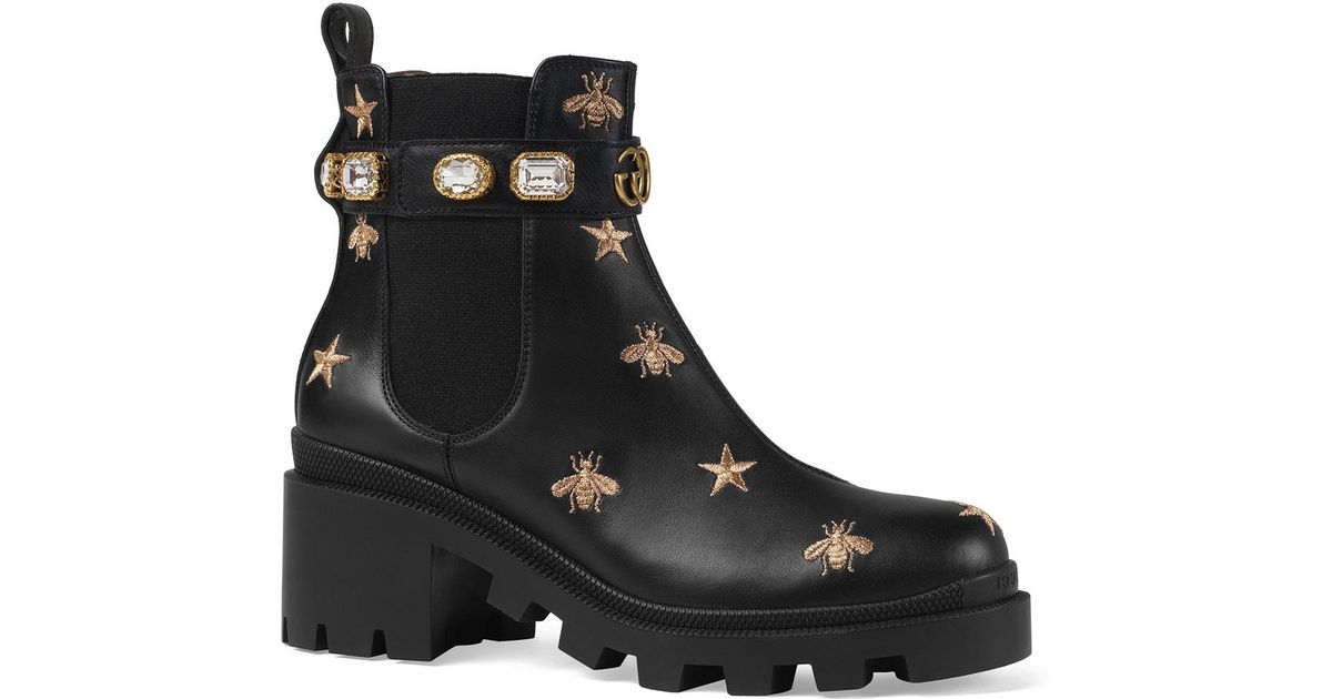Gucci Leather Star And Bee Embroidered Boots in Black - Lyst
