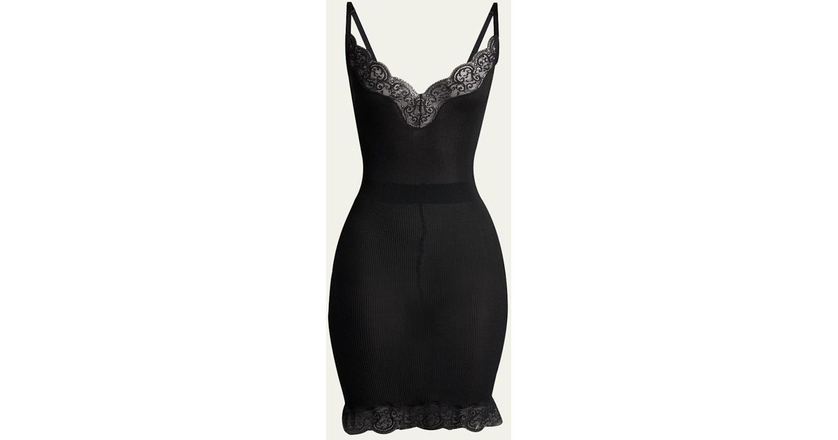 Saint Laurent Lace-Trim Ribbed Mini Tank Dress in Black | Lyst
