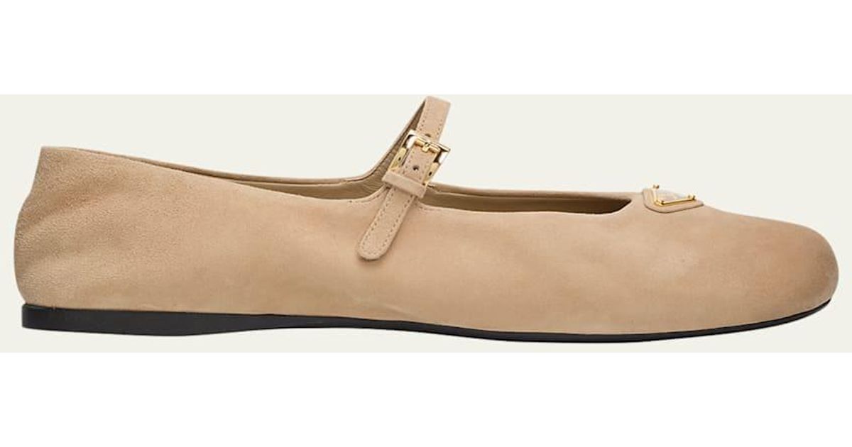 Prada Suede Mary Jane Ballerina Flats in Natural | Lyst