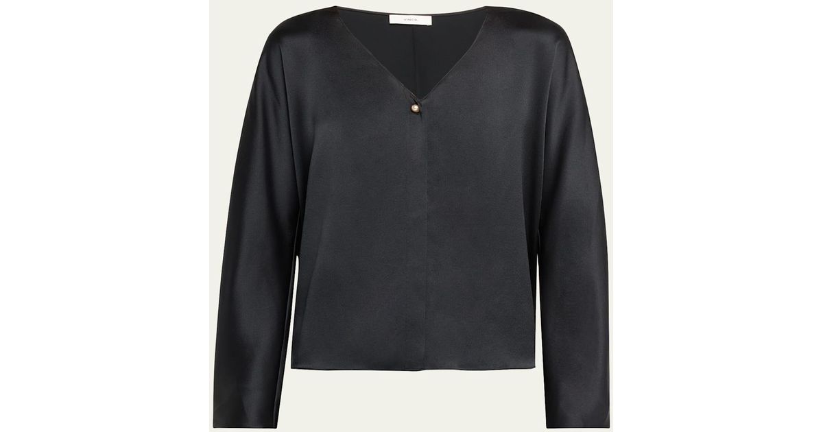 Vince Long-Sleeve V-Neck Pearl Blouse in Blue | Lyst