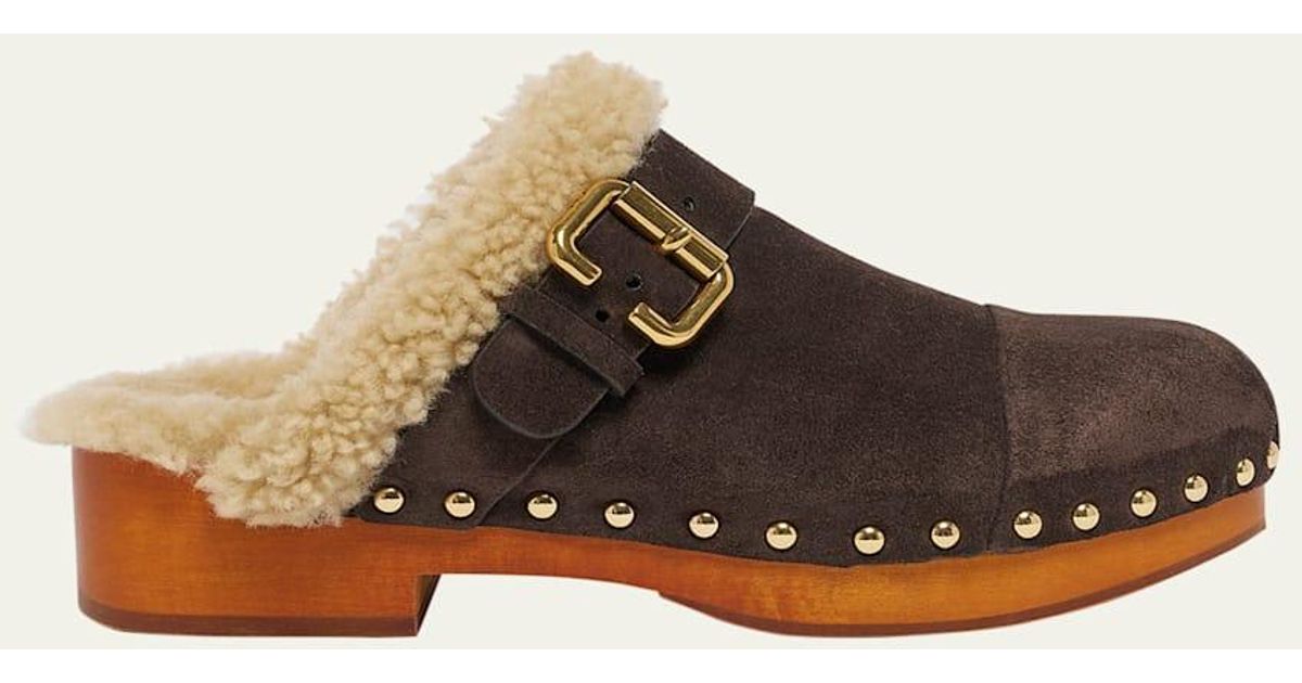 Chloé Jeanette Suede Shearling-Lined Clogs | Lyst