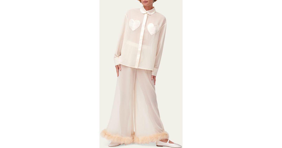 Sleeper Sheer Wideleg Feathertrim Lounge Pants in Natural Lyst