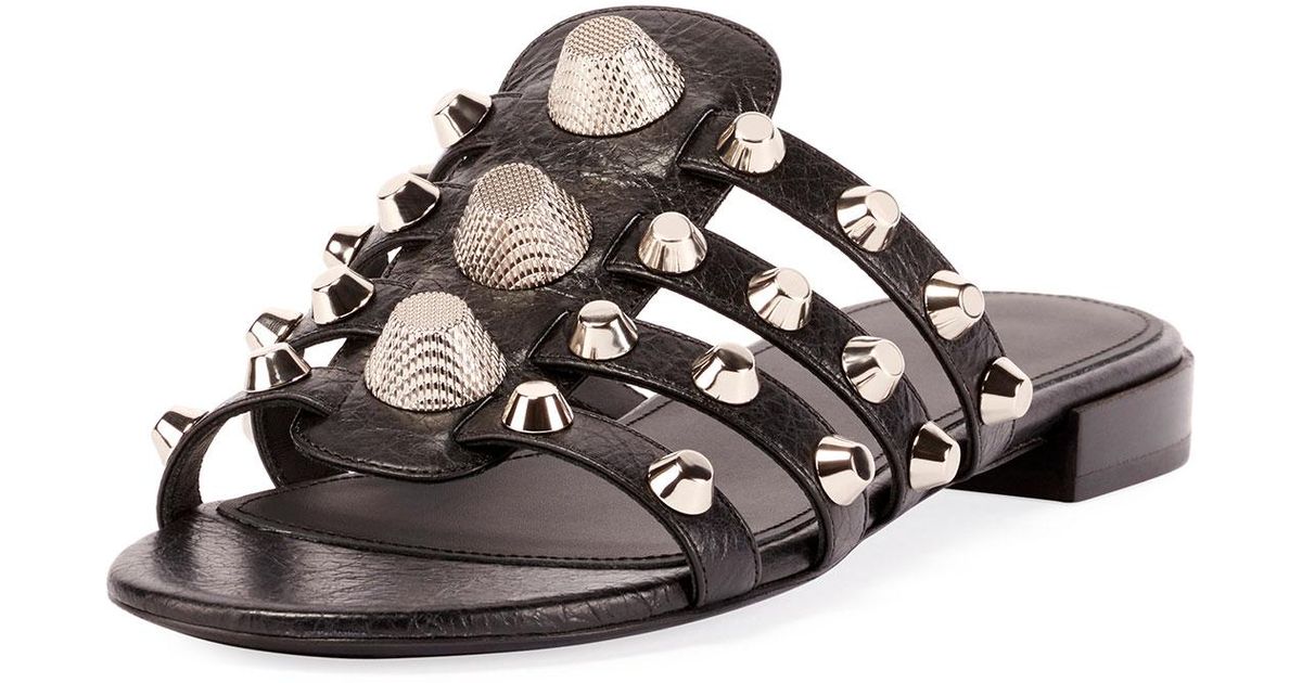 Balenciaga Leather Giant Palladium Studded Sandals in Black - Lyst