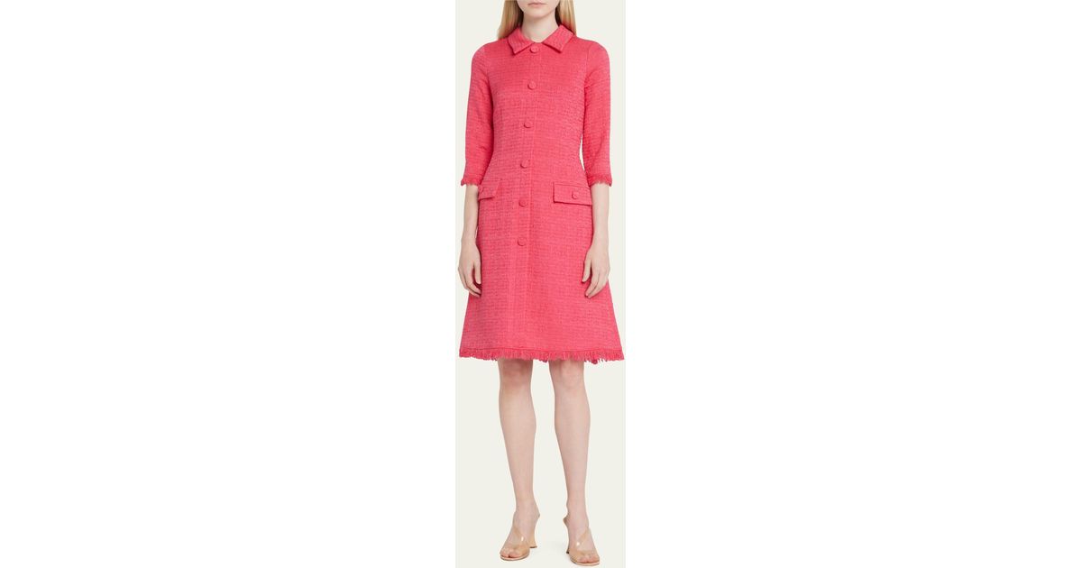 Teri Jon Elbow Sleeve Fringe Trim Tweed Midi Dress In Pink Lyst