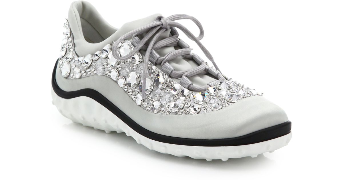 Miu Miu Astro Swarovski Crystal Satin Running Sneakers in Metallic | Lyst