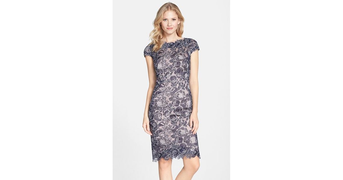 Lyst Tadashi Shoji Embroidered Mesh Sheath Dress In Gray