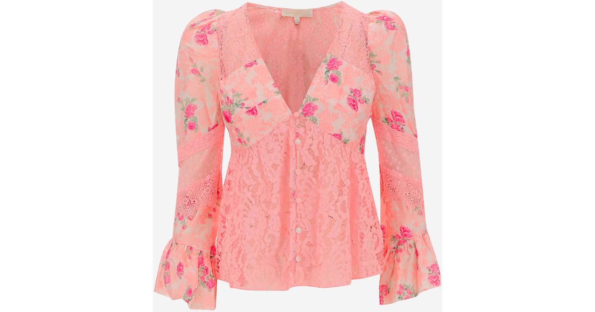LoveShackFancy Silk Top With Lace Inserts in Pink | Lyst