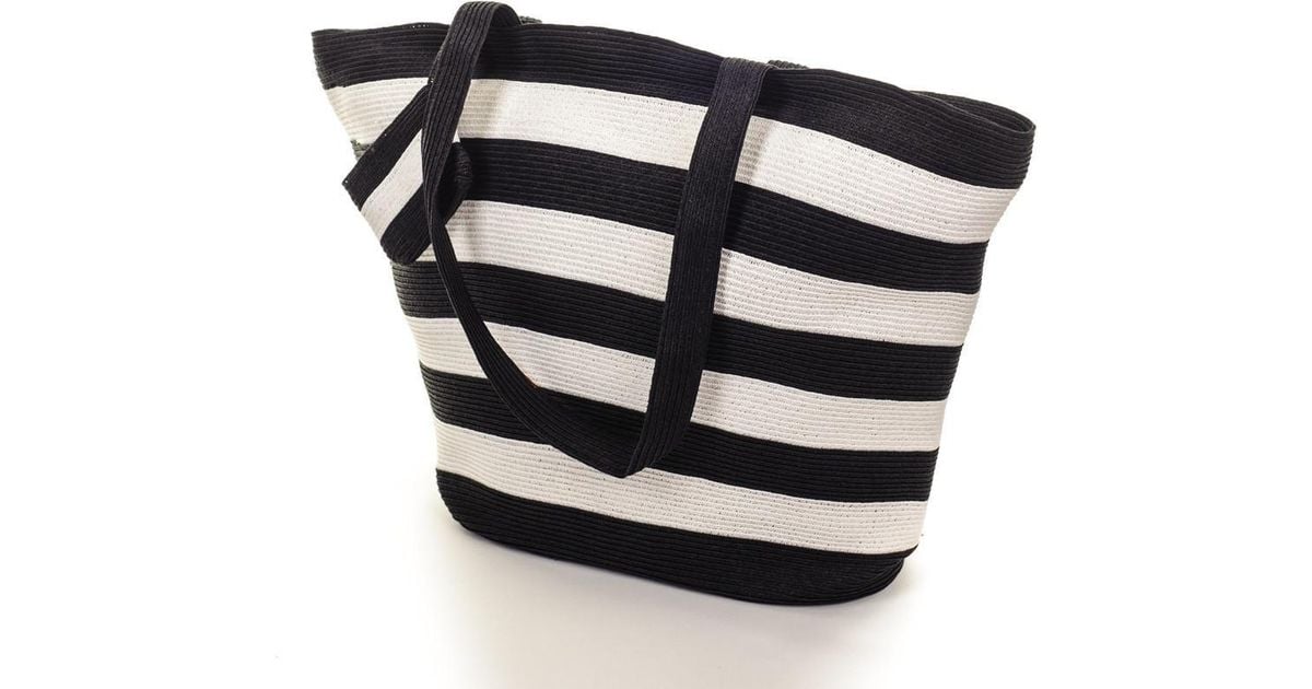 black and white striped beach bag