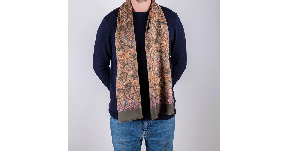 Black Sacra Olive Green And Gold Italian Silk Scarf in Blue for Men | Lyst