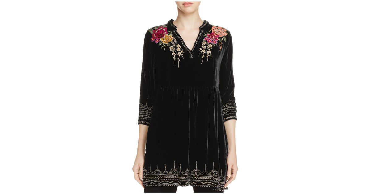 Johnny Was Embroidered Floral Velvet Tunic Top in Black | Lyst
