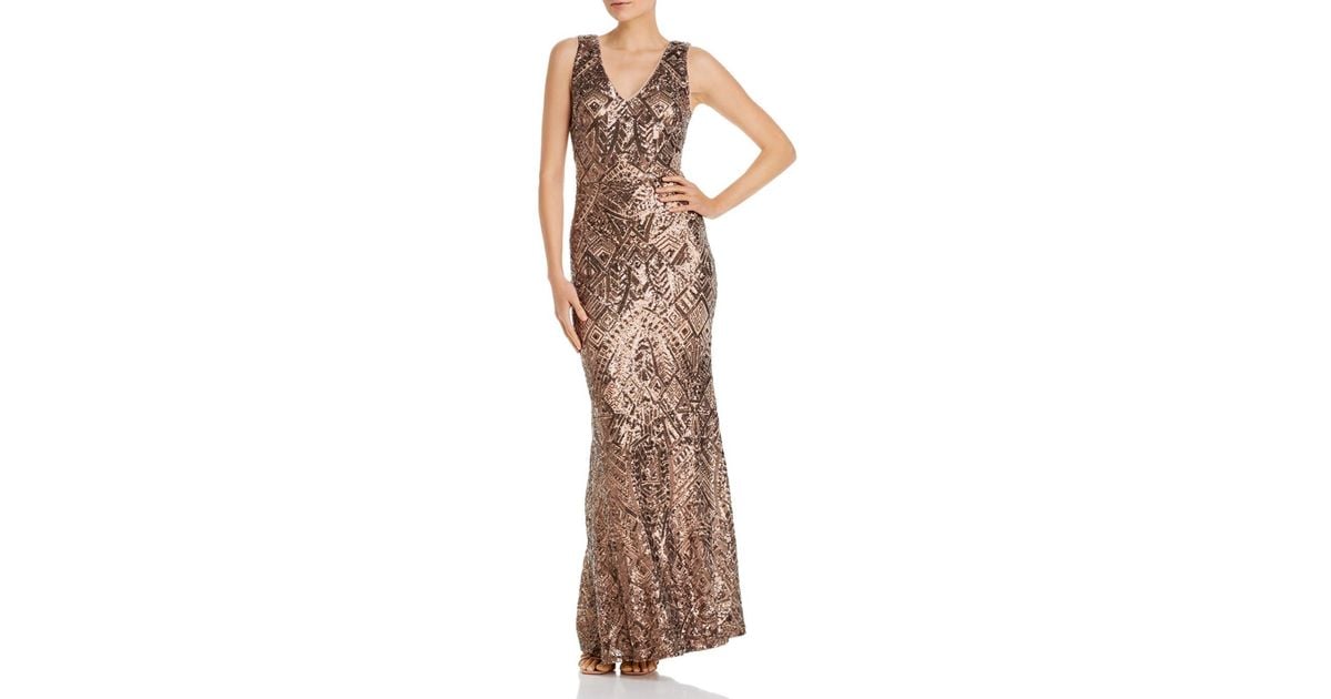 Aqua V Neck Sequined Evening Gown in Metallic Lyst