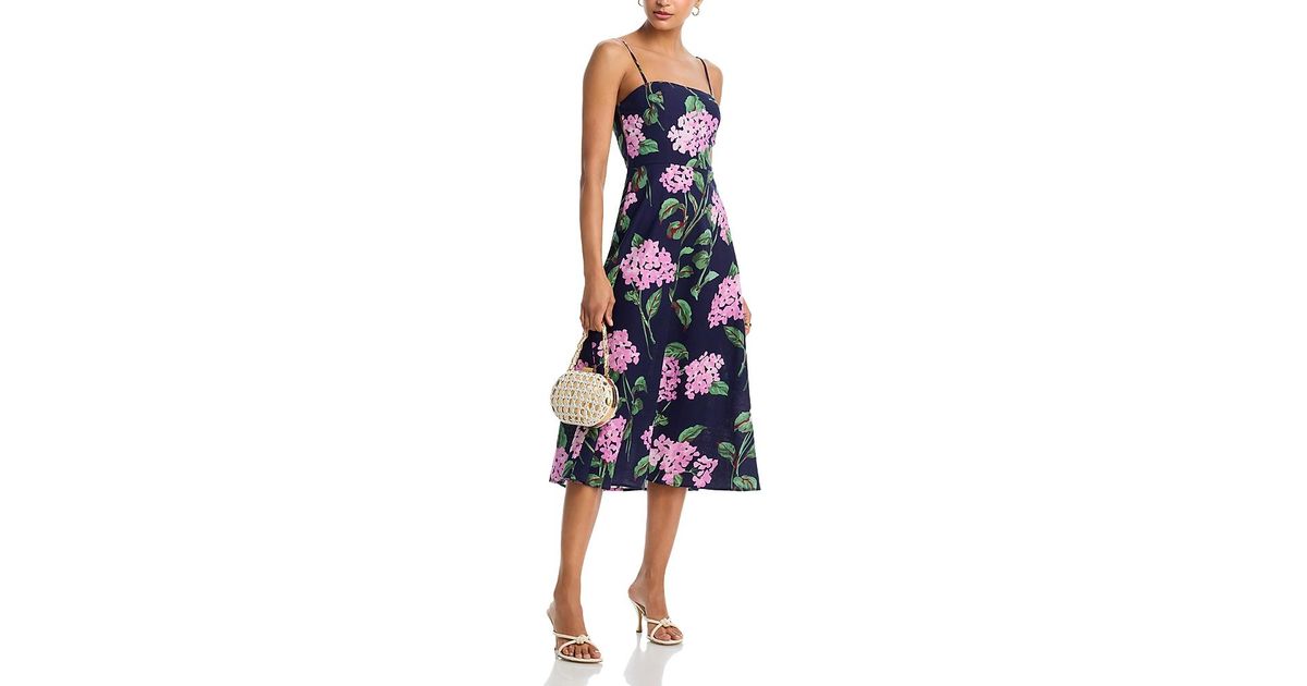 Aqua Linen Floral Square Neck Midi Dress in Blue | Lyst