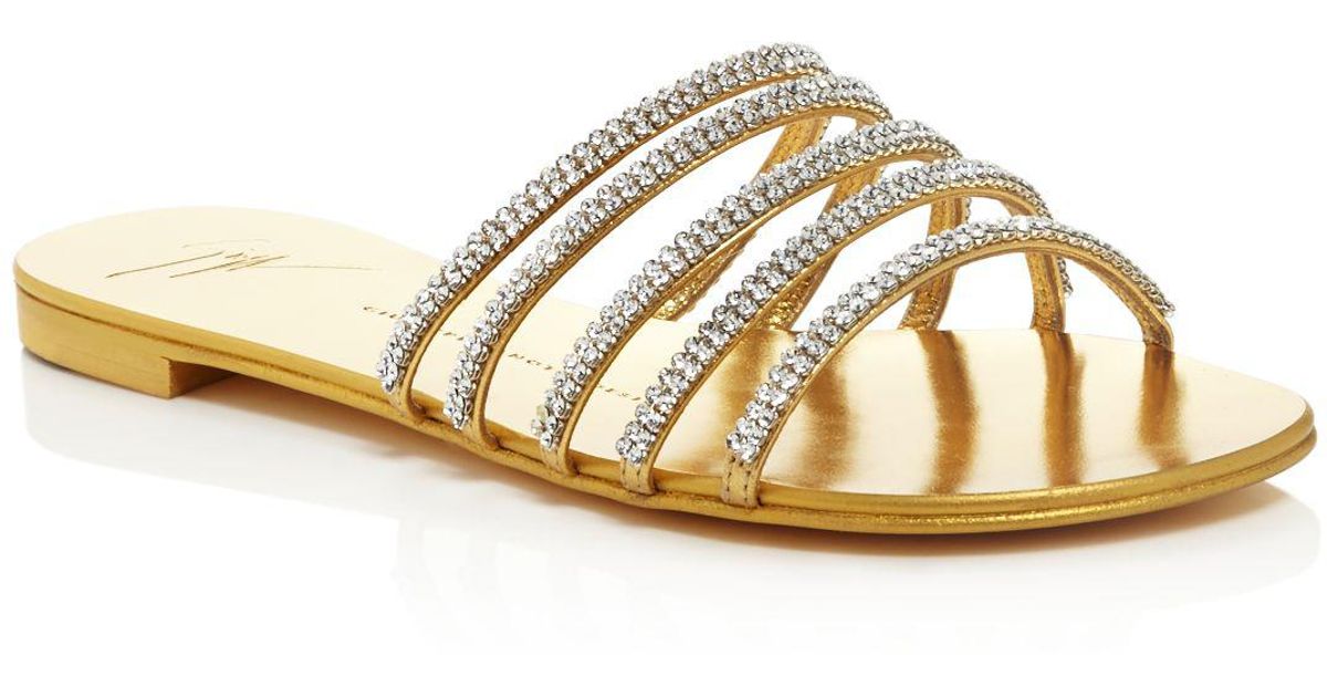Giuseppe Zanotti Leather Nuvoroll Swarovski Crystal Strappy Slide Sandals in Gold (Metallic) - Lyst