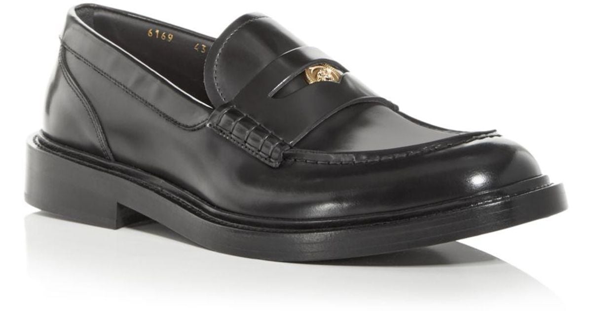 Versace Leather Apron Toe Penny Loafers in Black (Gray) for Men Lyst