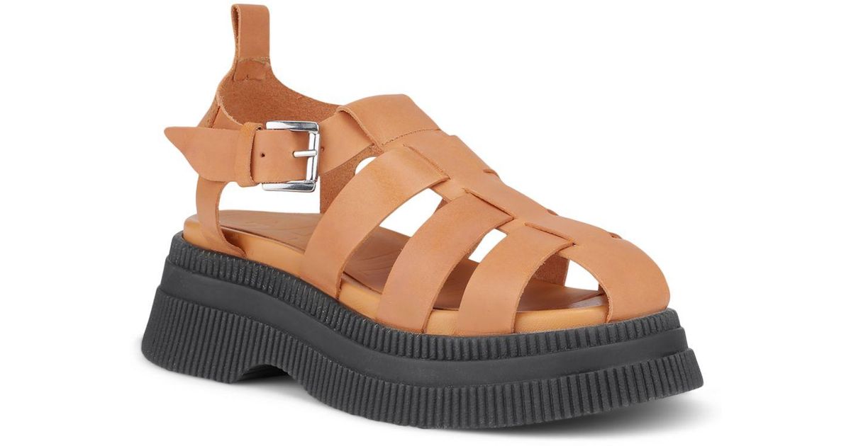 Ganni Leather Creepers Grid Platform Sandals in Brown | Lyst