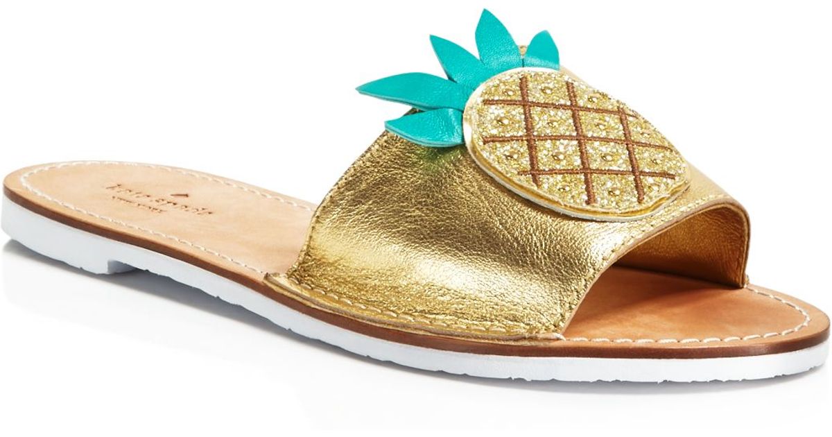 Kate spade Ibis Embroidered Pineapple Slide Sandals in Gold - Save 21% | Lyst
