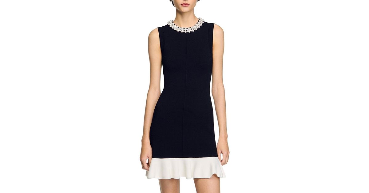 Sandro Short Knit Dress With Beaded Neck In Blue Lyst 