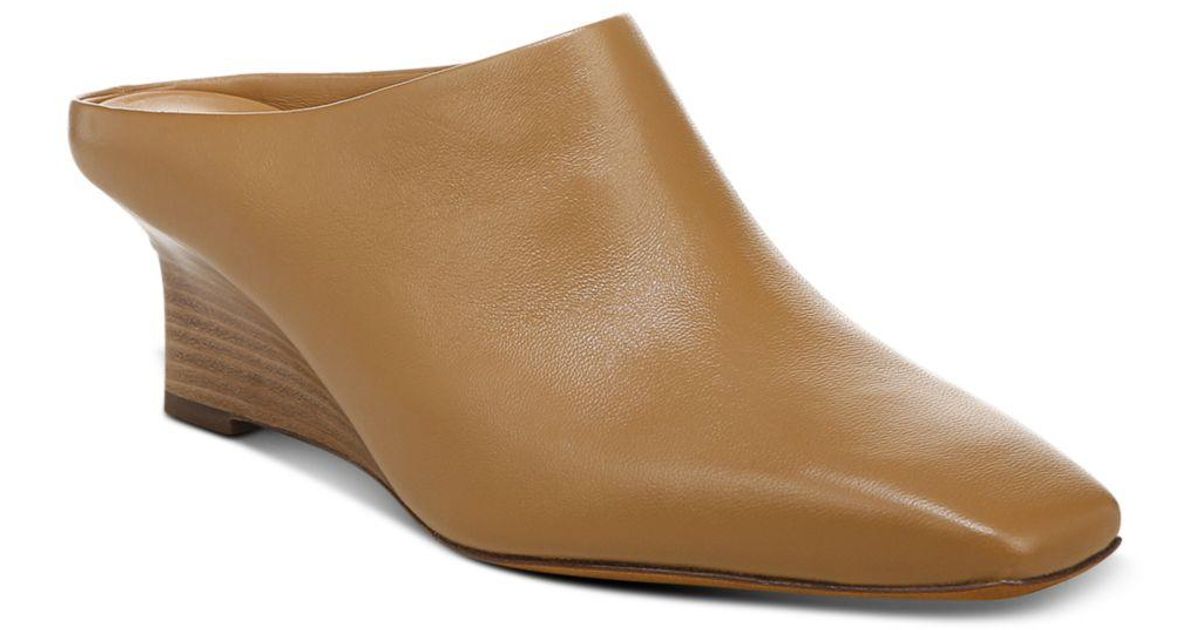 Vince Leather Benita Square Toe Wedge Heel Mules in Tan (Natural) Lyst