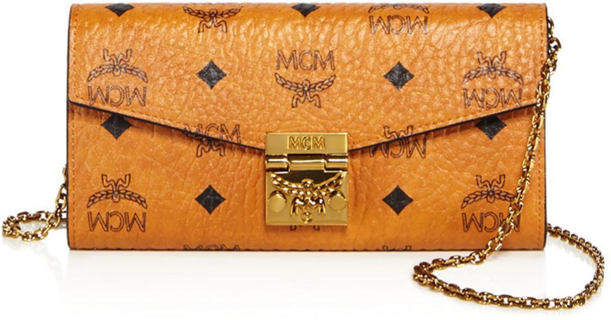 MCM Canvas Patricia Visetos Large Wallet On A Chain Crossbody in Cognac