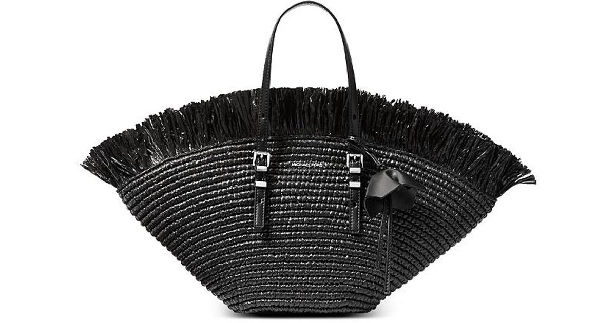 Michael Kors Isa Small Fan Crochet Straw Tote in Black | Lyst