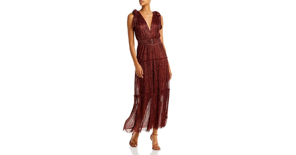 Sabina Musayev Synthetic Helena Pleated Metallic Prairie Midi Dress in Red | Lyst