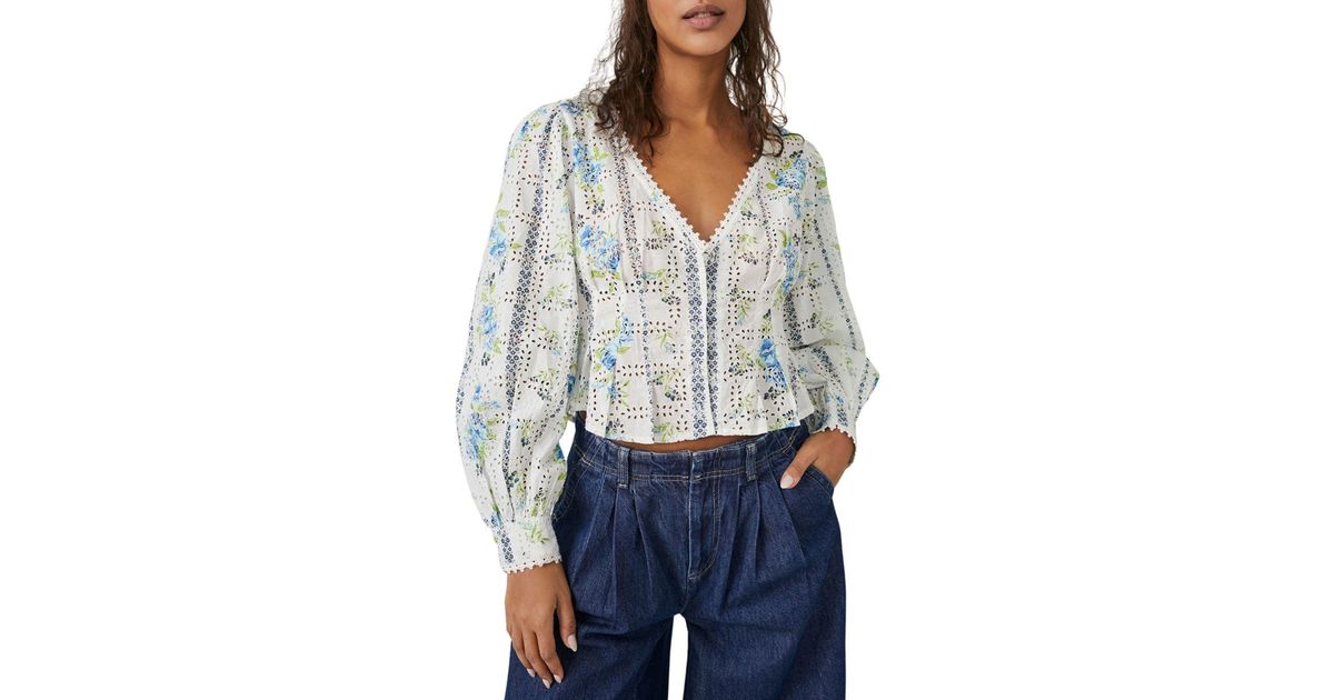 Free People Blossom Cotton Eyelet Cropped Shirt in Blue | Lyst