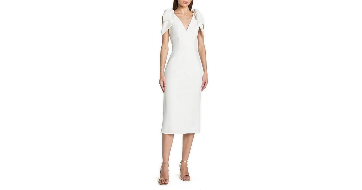mac duggal bow-strap v-neck crepe fit & flare midi dress Ivory Crepe A Line Midi Dress With Bow Straps