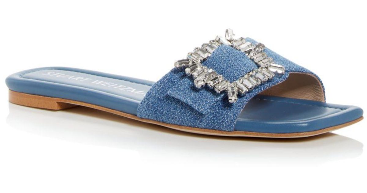 Stuart Weitzman Synthetic Shine Embellished Buckle Slide Sandals in