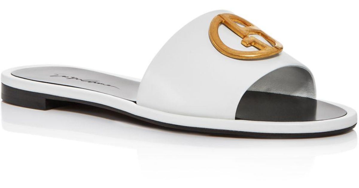 Armani Leather Women�s Logo Slide Sandals in White Lyst