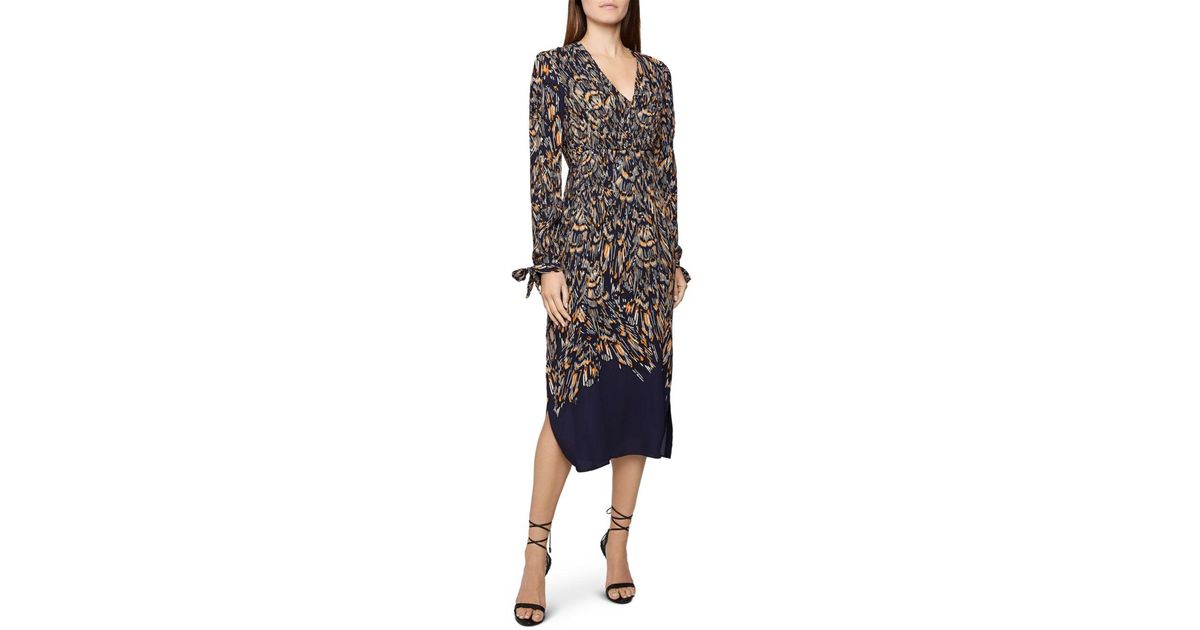 Reiss Synthetic Abstract Feather Printed Midi Dress in Navy (Blue) - Lyst