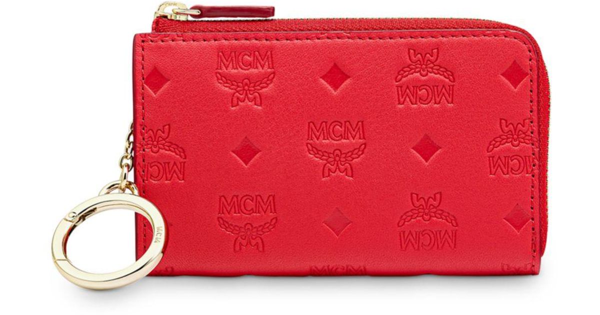 MCM Klara Monogram Leather Zip Wallet With Key Ring in Red | Lyst