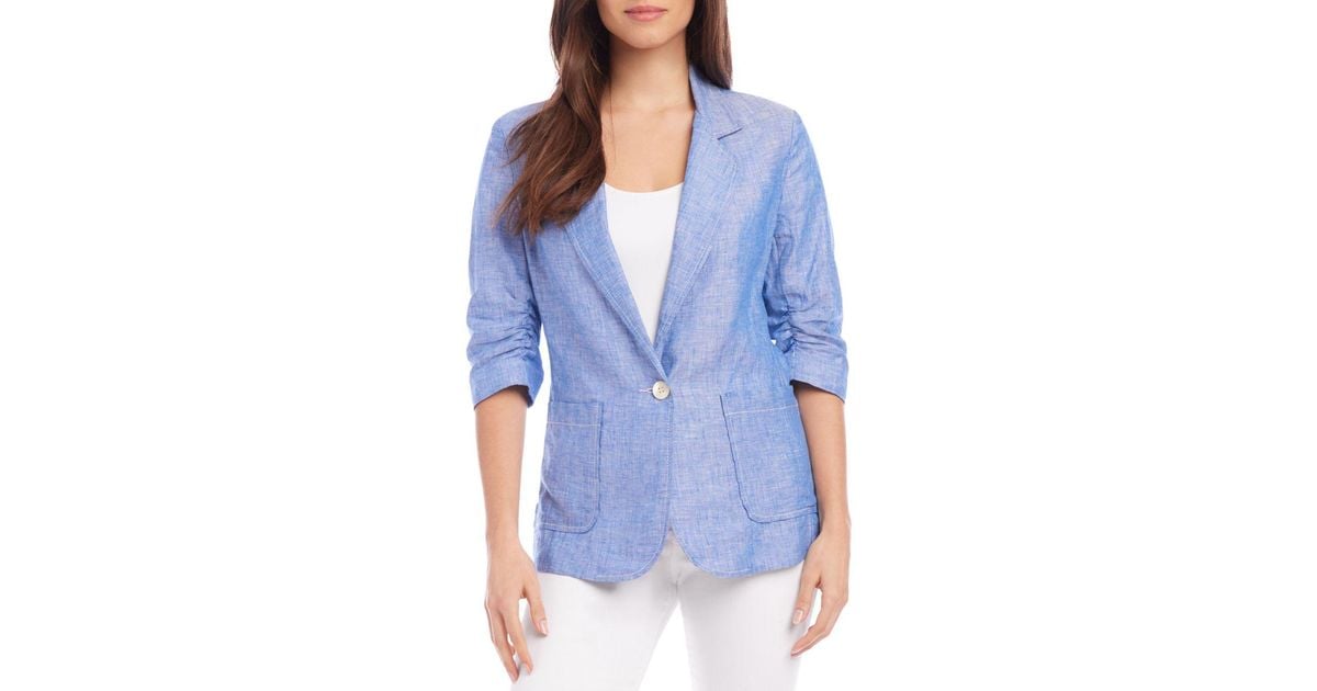 Karen Kane Linen Ruched Sleeve Jacket in Blue | Lyst