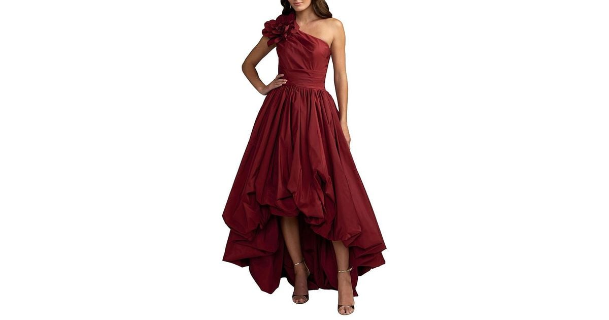 Red Hand Designs Native Mac Duggal One Shoulder High Low Gown With 3D Flower in Red | Lyst