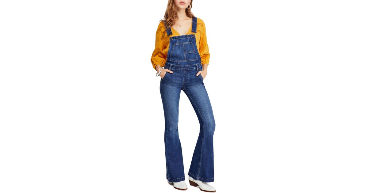 Free People Carly Flared Denim Overalls in Blue - Lyst